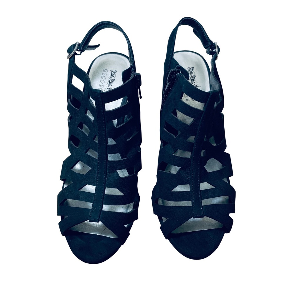 Coach and Four Katherine-CF Black Leather Cage Gladiator Sandals Heels Womens 7M